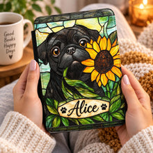 Load image into Gallery viewer, Personalized Black Pug with Sunflower Kindle Case , Stained Glass Dog Design, Book Lover Gift, Animal Kindle