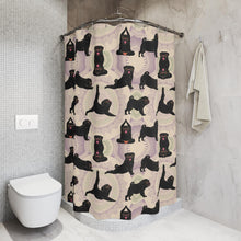 Load image into Gallery viewer, Black Pug Yoga Shower Curtain, Funny Pug Bathroom Decor, Gift for Pug Lover, Pug Mom Gift, Dog Lover Bathroom