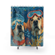 Load image into Gallery viewer, Diving Golden Retrievers Shower Curtain | Underwater Snorkel Dogs