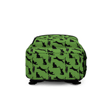 Load image into Gallery viewer, Black Cat Silhouette Green Backpack, Personalized Feline Pattern Laptop Rucksack, Sporty Kitten Poses Daypack, Animal Lover Birthday Gift