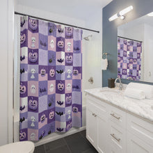 Load image into Gallery viewer, Purple Halloween Patchwork bats ghosts moon shower curtain