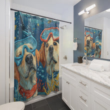 Load image into Gallery viewer, Diving Golden Retrievers Shower Curtain | Underwater Snorkel Dogs
