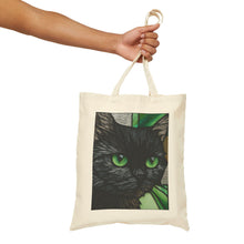 Load image into Gallery viewer, Green-Eyed Black Cat Tote Bag | Cat Portrait, Botanical Background