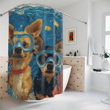 Load image into Gallery viewer, Chihuahuas in Snorkels Shower Curtain | Underwater Dogs, Ocean Blue, Fish & Bubbles