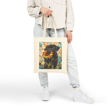 Load image into Gallery viewer, Black Pug with Sunflower Tote Bag , Stained Glass Style Dog Art Canvas Tote, Pug Art