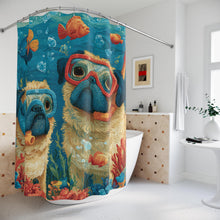 Load image into Gallery viewer, Fawn Pug Snorkel Duo Shower Curtain , Underwater Pugs, Fish & Bubbles
