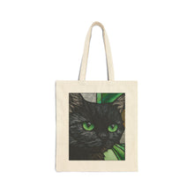 Load image into Gallery viewer, Green-Eyed Black Cat Tote Bag | Cat Portrait, Botanical Background