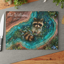 Load image into Gallery viewer, Cute Raccoon Forest Art Glass Cutting Board | Personalized Name Option