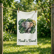 Load image into Gallery viewer, Baby Elephant with Monstera Leaves Hand Towel | Personalized Name Towel