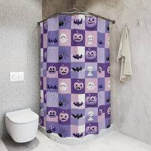 Load image into Gallery viewer, Purple Halloween Patchwork bats ghosts moon shower curtain