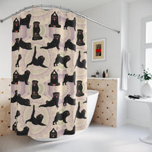 Load image into Gallery viewer, Black Pug Yoga Shower Curtain, Funny Pug Bathroom Decor, Gift for Pug Lover, Pug Mom Gift, Dog Lover Bathroom
