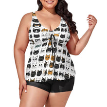 Load image into Gallery viewer, Plus Size Cat Print Tankini Swimsuit with Shorts: Quick-Dry Two Piece,Cute Cat faces design ,Gift for Animal Lover