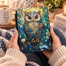 Load image into Gallery viewer, Personalized Stained Glass Owl Kindle Case , Illustrated Owl E-Reader Cover. Book Lover Gift