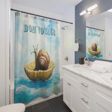 Load image into Gallery viewer, Nautical Shower Curtain: Bon Voyage Snail Design - Coastal Bathroom Decor