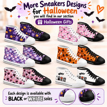 Load image into Gallery viewer, Halloween High Top Sneakers – Pumpkin, Witch & Cat Print