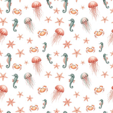 Load image into Gallery viewer, Watercolor Sea Creatures Shower Curtain | Seahorse Jellyfish Starfish Pattern