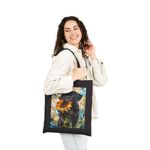 Load image into Gallery viewer, Black Pug with Sunflower Tote Bag , Stained Glass Style Dog Art Canvas Tote, Pug Art