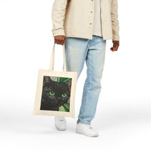 Load image into Gallery viewer, Green-Eyed Black Cat Tote Bag | Cat Portrait, Botanical Background