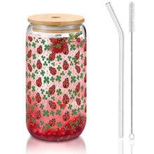 Load image into Gallery viewer, Glass Tumbler with Straw Cute Ladybug Design Bamboo Lid Iced Coffee Cup Gift 16 oz