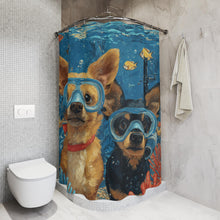 Load image into Gallery viewer, Chihuahuas in Snorkels Shower Curtain | Underwater Dogs, Ocean Blue, Fish & Bubbles