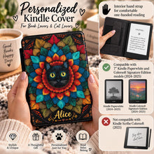 Load image into Gallery viewer, Black Cat Mandala Kindle Case , Colorful Floral Cat Illustration, Personalized Kindle Cover, Cute Ebook Cover, Gift For Book Lovers