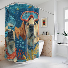 Load image into Gallery viewer, Diving Golden Retrievers Shower Curtain | Underwater Snorkel Dogs