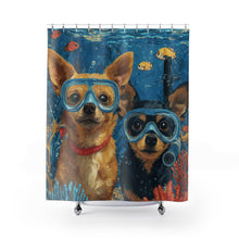 Load image into Gallery viewer, Chihuahuas in Snorkels Shower Curtain | Underwater Dogs, Ocean Blue, Fish & Bubbles