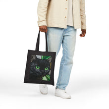 Load image into Gallery viewer, Green-Eyed Black Cat Tote Bag | Cat Portrait, Botanical Background