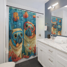 Load image into Gallery viewer, Fawn Pug Snorkel Duo Shower Curtain , Underwater Pugs, Fish & Bubbles