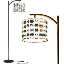 Load image into Gallery viewer, Cat Print Floor Lamp: Black Metal Arch, Dimmable LED, Linen Shade, Housewarming gift for new home, Gift for animal lovers,Christmas gift