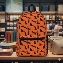 Load image into Gallery viewer, Black Cat Silhouette Orange Backpack, Personalized Vibrant Feline Laptop Rucksack, Bold Kitten Pattern Daypack, Animal Lover Birthday Gift