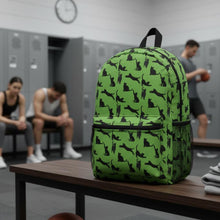 Load image into Gallery viewer, Black Cat Silhouette Green Backpack, Personalized Feline Pattern Laptop Rucksack, Sporty Kitten Poses Daypack, Animal Lover Birthday Gift