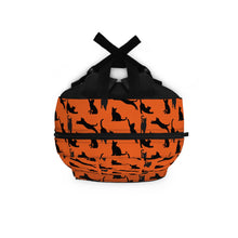 Load image into Gallery viewer, Black Cat Silhouette Orange Backpack, Personalized Vibrant Feline Laptop Rucksack, Bold Kitten Pattern Daypack, Animal Lover Birthday Gift