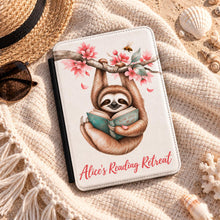 Load image into Gallery viewer, Personalized Sloth Reading Kindle Case, Satin PU Leather Cover (Paperwhite), Whimsical Animal Art, Chrismas Gift For Mom, Animal Kindle