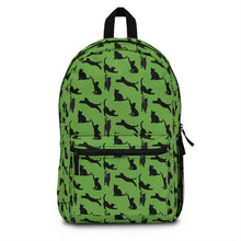 Load image into Gallery viewer, Black Cat Silhouette Green Backpack, Personalized Feline Pattern Laptop Rucksack, Sporty Kitten Poses Daypack, Animal Lover Birthday Gift