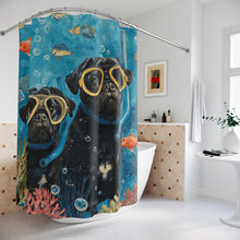 Load image into Gallery viewer, Scuba Diving Pug Shower Curtain, Funny Black Pug Bathroom Decor, Pug Lover Gift, Ocean Bathroom Decor, Pug Mom Gift, Dog Lover Bathroom