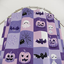 Load image into Gallery viewer, Purple Halloween Patchwork bats ghosts moon shower curtain