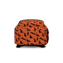 Load image into Gallery viewer, Black Cat Silhouette Orange Backpack, Personalized Vibrant Feline Laptop Rucksack, Bold Kitten Pattern Daypack, Animal Lover Birthday Gift