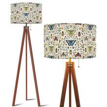 Load image into Gallery viewer, Cream Botanical Tripod Floor Lamp, Butterfly Moth Linen Shade, Wooden Base