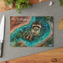 Load image into Gallery viewer, Cute Raccoon Forest Art Glass Cutting Board | Personalized Name Option