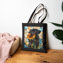 Load image into Gallery viewer, Black Pug with Sunflower Tote Bag , Stained Glass Style Dog Art Canvas Tote, Pug Art