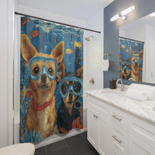 Load image into Gallery viewer, Chihuahuas in Snorkels Shower Curtain | Underwater Dogs, Ocean Blue, Fish & Bubbles