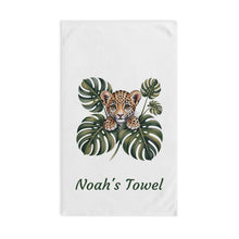 Load image into Gallery viewer, Baby Leopard with Monstera Leaves Hand Towel | Personalized Name Towel
