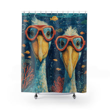 Load image into Gallery viewer, Cute Shoebill Scuba Diving Shower Curtain | Funny Shoebill Bathroom Decor