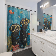 Load image into Gallery viewer, Scuba Diving Pug Shower Curtain, Funny Black Pug Bathroom Decor, Pug Lover Gift, Ocean Bathroom Decor, Pug Mom Gift, Dog Lover Bathroom