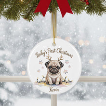 Load image into Gallery viewer, Baby's First Christmas Pug Ornament ,Personalized  Ceramic Round Ornament
