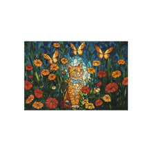 Load image into Gallery viewer, Stained Glass Orange Tabby Cat Outdoor Rug , Floral Butterflies Doormat,Personalized Rug for Home
