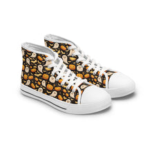 Load image into Gallery viewer, Halloween High Top Sneakers – Pumpkin, Witch &amp; Cat Print
