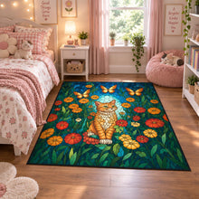 Load image into Gallery viewer, Stained Glass Orange Tabby Cat Outdoor Rug , Floral Butterflies Doormat,Personalized Rug for Home
