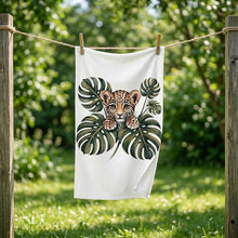 Load image into Gallery viewer, Baby Leopard with Monstera Leaves Hand Towel | Personalized Name Towel
